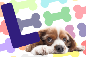 Imagem colorida com uma grande letra "L" de cor azul, com pequeno cachorro marrom e branco a direita e fundo com ossinhos coloridos.